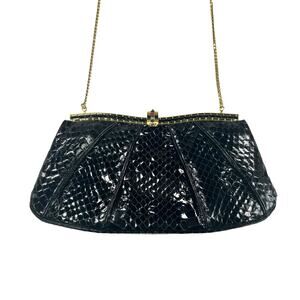 Judith Leiber Vintage 90s Black Python Evening Clutch with Natural Stones